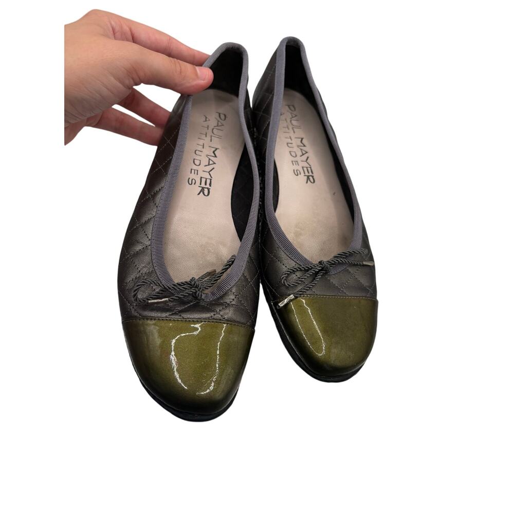 Paul Mayer Attitudes Quilted Leather Ballet Flats Gray Olive Patent Women’s